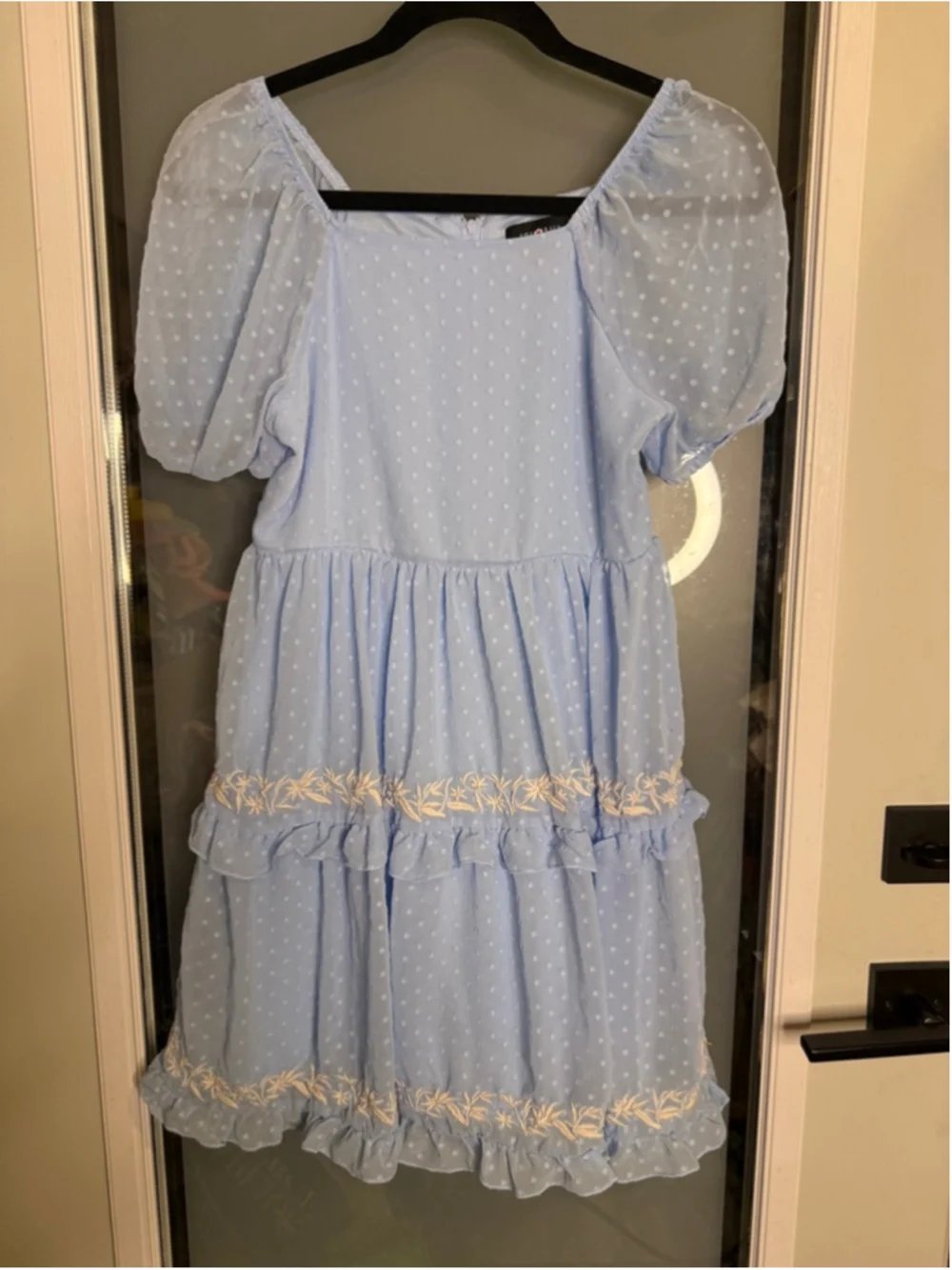 AMY BYER Light Blue Polka Dot Mini Dress with White Embroidery, Size 14
